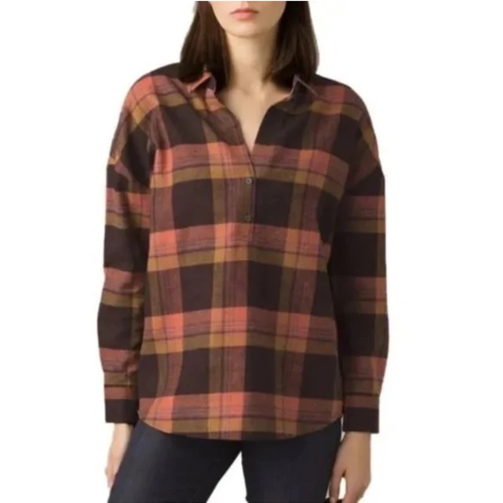 PRANA danty funnel half button plaid shirt size M brown swiftie